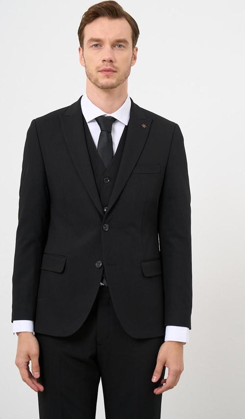 Siyah Yelekli Basic Düz Slim Fit Dar Kesim 6 Drop Erkek Takım Elbise