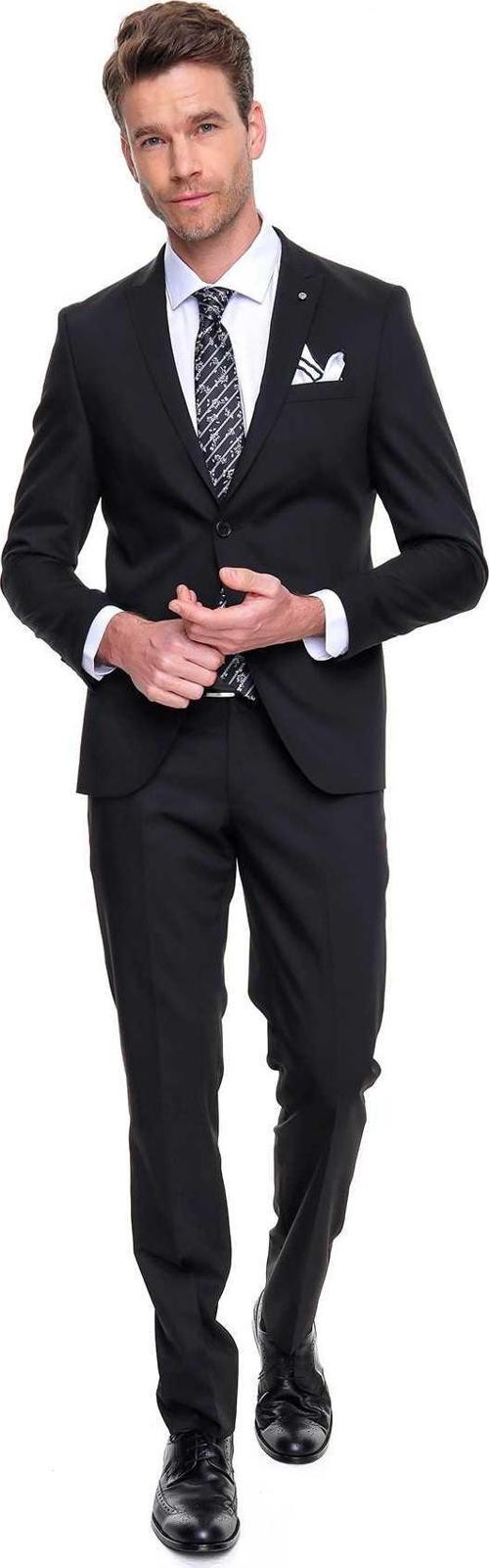 Erkek Siyah Basic Düz Slim Fit Dar Kesim Çift Yırtmaç Takım Elbise