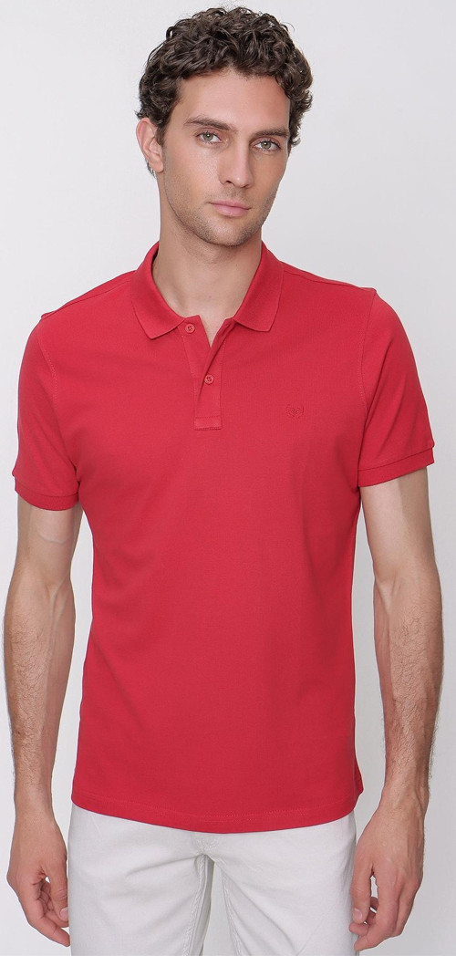 Erkek Kırmızı Basic Düz %100 Pamuk Slim Fit Dar Kesim Kısa Kollu Polo Yaka Tişört