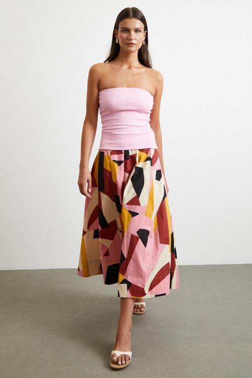 Desenli Midi Etek Pembe