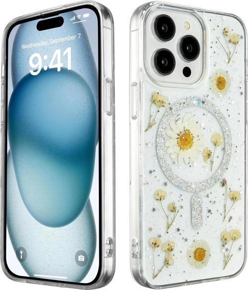 iPhone 15 Pro Kılıf Daisy Simli Magsafe Kapak - Gümüş