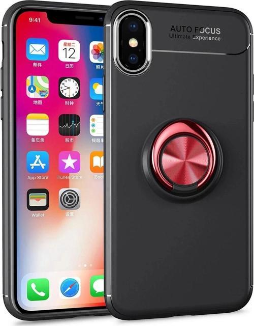iPhone XS Max Kılıf Range Yüzüklü Silikon - Siyah-Kırmızı