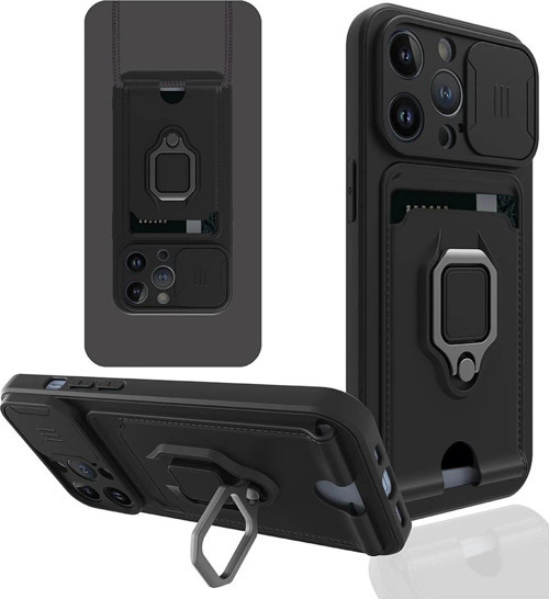 iPhone 14 Pro Kılıf Zuma Kartvizitli Yüzüklü Silikon - Siyah