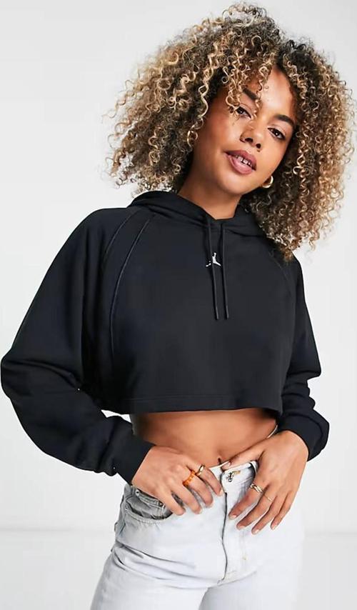 Jordan Sport Fleece Crop Pullover Loose Fit Hoodie Kadın Kapüşonlu Bol Kesim Sweatshirt Siyah