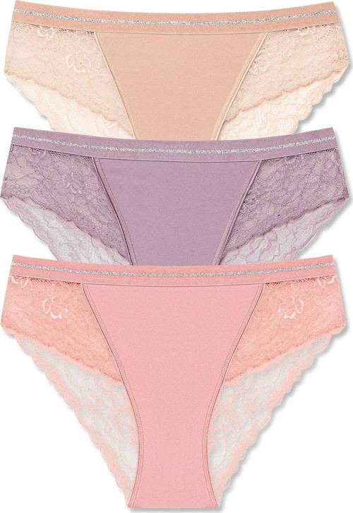 3'Lü İnterlok Dantel Detaylı Beli Simli Lastik Slip Kadın Külot
