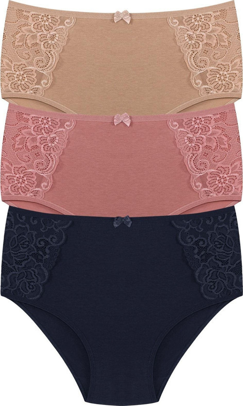 3'Lü Pamuklu Yanları Dantel Detaylı Yüksek Bel Büyük Beden Bato Kadın Külot