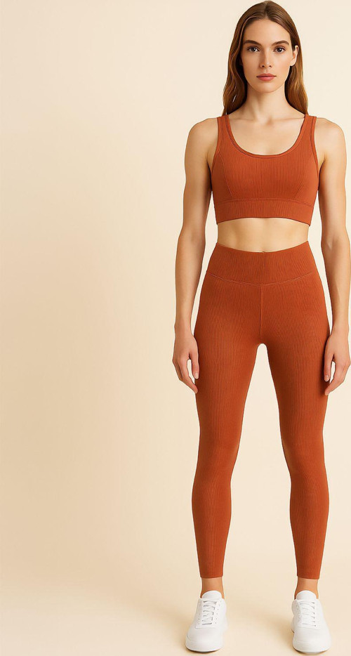 Yüksek Bel Toparlayıcı Ripli Fitilli Spor Kadın Tayt | Kiremit