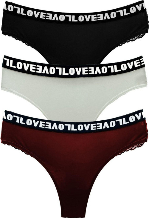 3'Lü Love Lastik Pamuklu Arkası Dantel Tanga Kadın Külot