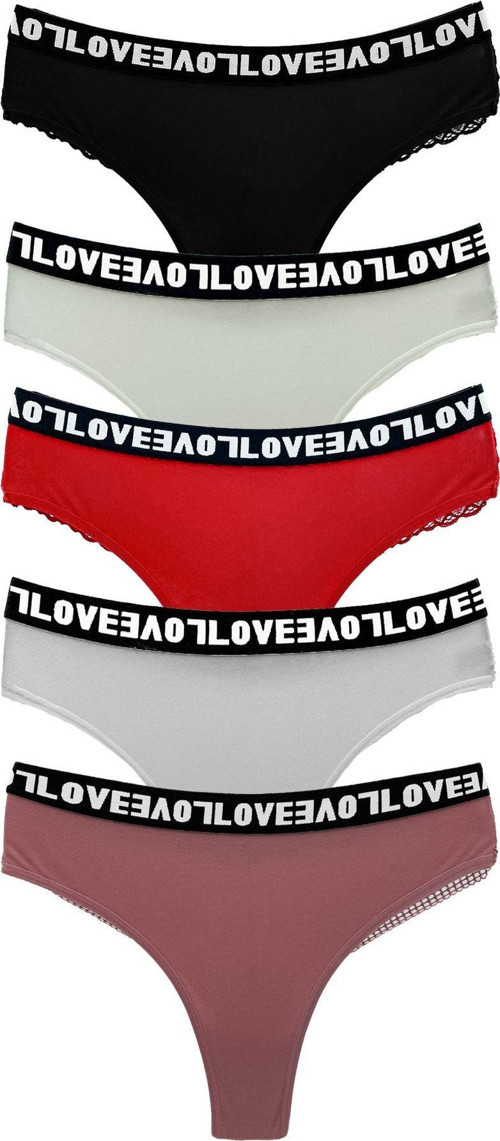 5'Li Love Lastik Pamuklu Arkası Dantel Tanga Kadın Külot