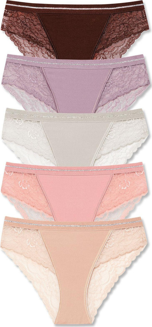 5'Li İnterlok Dantel Detaylı Beli Simli Lastik Slip Kadın Külot