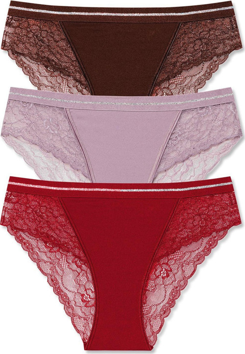 3'Lü İnterlok Dantel Detaylı Beli Simli Lastik Slip Kadın Külot