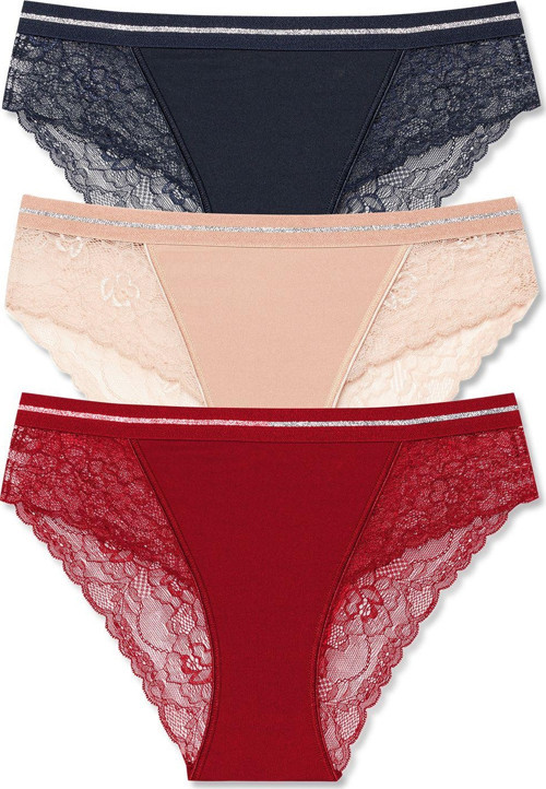 3'Lü İnterlok Dantel Detaylı Beli Simli Lastik Slip Kadın Külot
