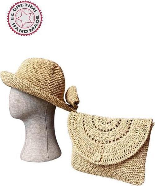 - Necla 1824 3565 El Yapımı Kağıt İp Şapka ve Clutch Çanta  Set / Bej