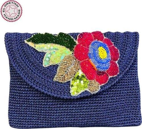 - Necla 1824 5631 El Yapımı Makrome İp  Çiçek Motifli Boncuk İşleme Detaylı Clutch Çanta / Lacivert