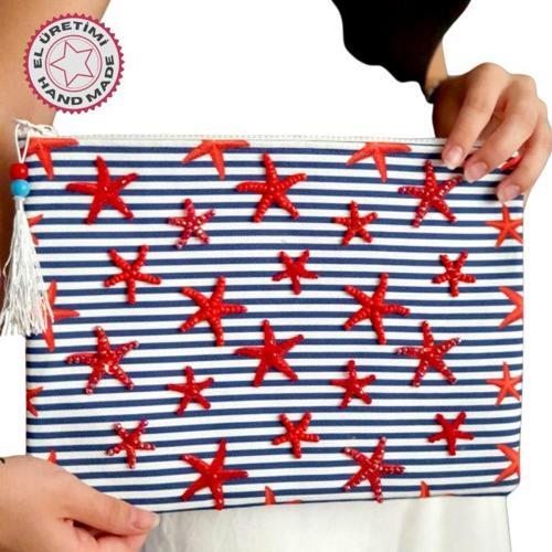 - Sümeyya 2589 2454 El Yapımı Deniz Yıldızlı Boncuk İşlemeli Çizgili Model Clutch Çanta