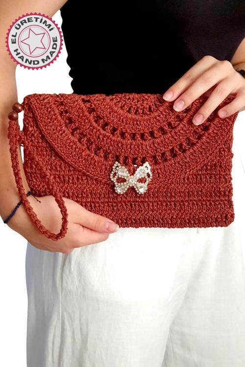 - Sümeyya 2589 2956 El Yapımı Kelebek Tokalı Tahta Boncuklu Kağıt İp Clutch Çanta