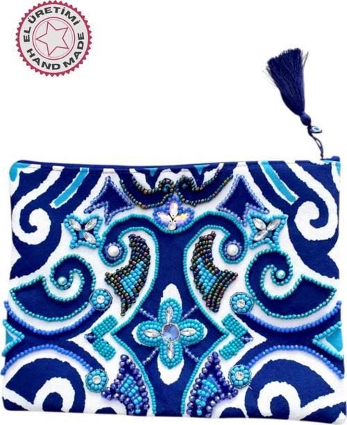 - Sümeyya 2589 5245 El Yapımı Mavi Renk Etnik Desenli Boncuk İşlemeli Clutch Çanta
