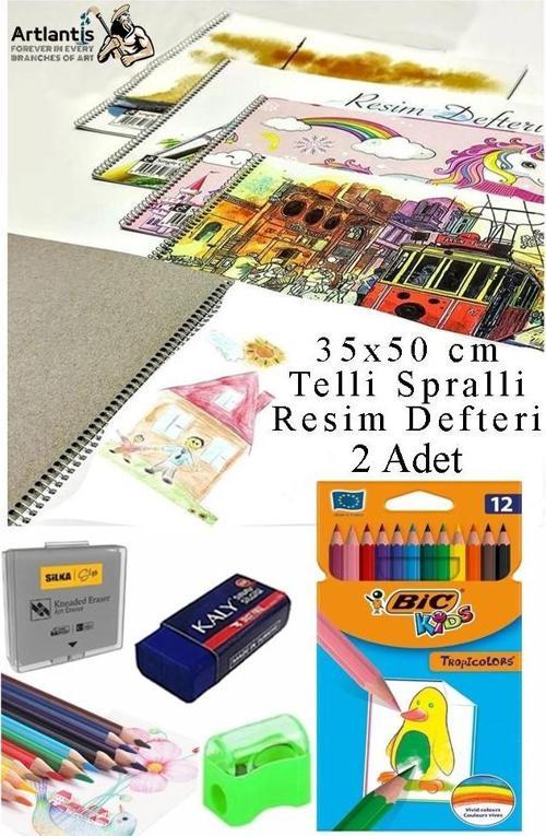 12 Renk Bic Kuru Boya 35x50 cm Telli Spralli Resim Defteri Hamur Silgi Kalemtraş 15 Yaprak Resim Defteri Kuruboya Kalem