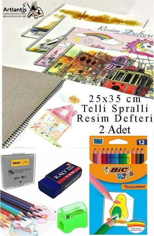 12 Renk Bic Kuru Boya 25x35 cm Telli Spralli Resim Defteri Hamur Silgi Kalemtraş 15 Yaprak Resim Defteri Kuruboya Kalem