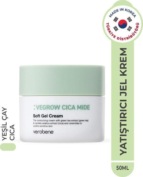 Vegrow Cica Mide Soft Gel Cream Nemlendirici Yatıştırıcı Vegan Yeşil Çay Özlü Jel Krem Kore 50Ml