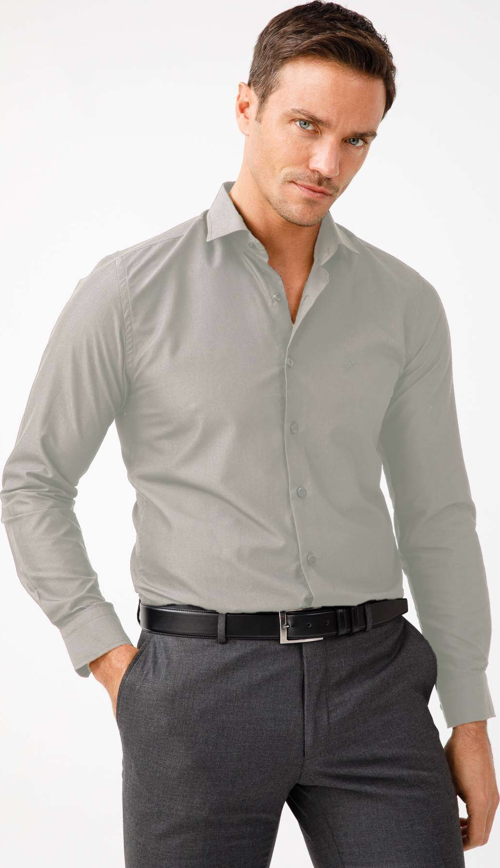 Açık Gri Slim Fit Dar Kalıp Klasik Yaka Düz Uzun Kollu Cepsiz Pamuklu Gömlek