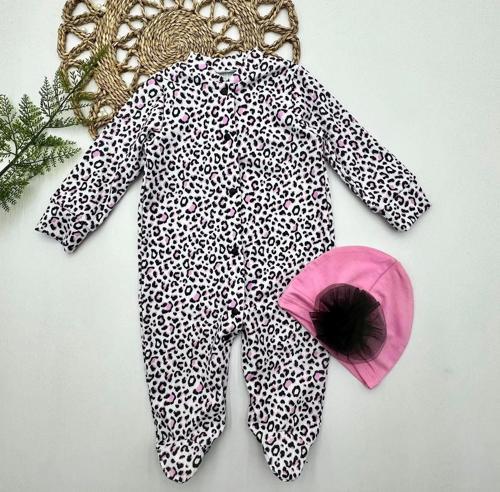 0-3-6-9 Ay Leopar Baskılı Tam Boy Çıtçıtlı Patikli Güllü Boneli Kız Bebek Tulumu Pembe