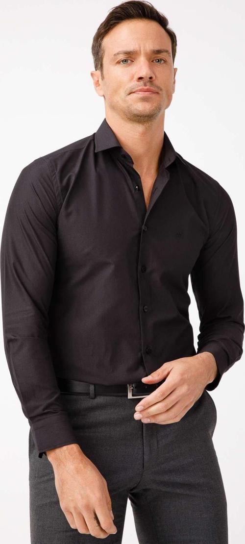Siyah Slim Fit Dar Kalıp Klasik Yaka Düz Uzun Kollu Cepsiz Kolay Ütülenir Gömlek