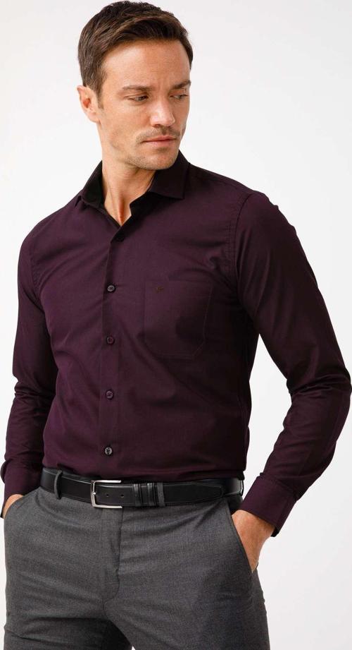 Mor Regular Fit Rahat Kalıp Klasik Yaka Düz Uzun Kollu Cepli Pamuklu Gömlek