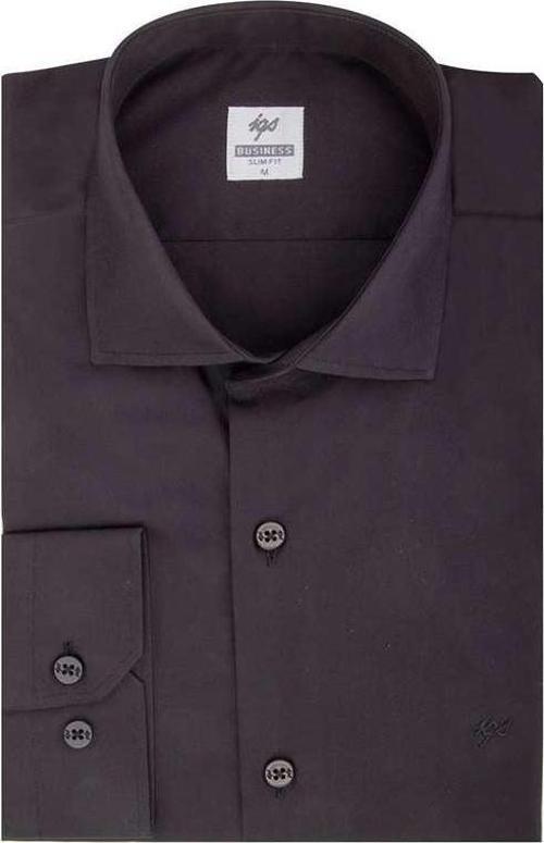 Siyah Slim Fit Dar Kalıp Klasik Yaka Düz Uzun Kollu Cepsiz Pamuklu Gömlek