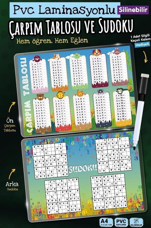 Kalemli A4 çarpım tablosu Sudoku  A4 Yaz Sil Pvc Kaplı-Kalem Hediyeli-T1465