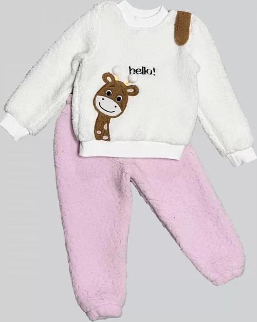 1-2-3 Yaş Hello Zürafa Nakışlı Kuzu Kumaş Sweat Pantolon Uzun Kollu Kız Erkek 2 Li Takımı Pembe