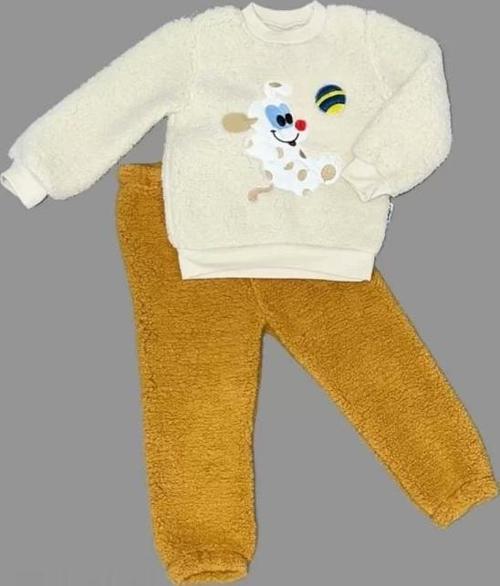 1-2-3 Yaş Toplu Köpek Nakışlı Kuzu Kumaş Sweat Pantolonlu Uzun Kollu Kız Erkek Bebek Takımı Hardal