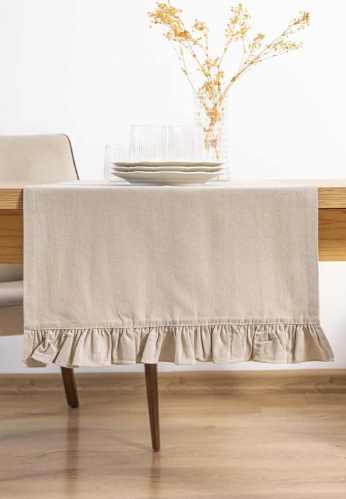 Ruffle Bej Fırfırlı %100 Pamuklu Ham Keten Runner 50x130 cm
