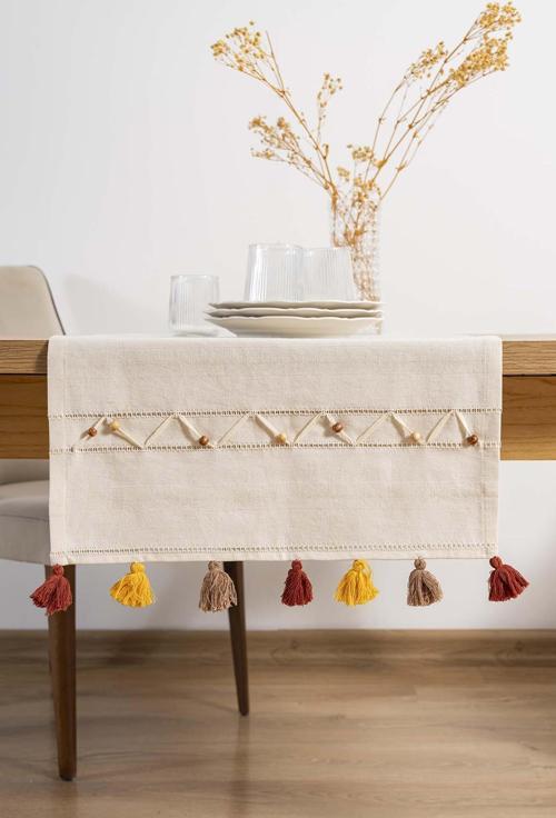 Ruffle Boncuk & Püsküllü %100 Pamuklu Ham Keten Runner 50x130 cm