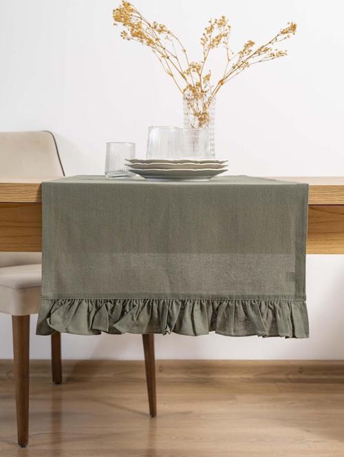 Ruffle Haki Fırfırlı %100 Pamuklu Ham Keten Runner 50x130 cm