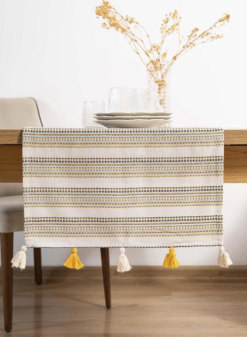 Ruffle Püsküllü Pamuklu Ham Keten Runner 50x130 cm