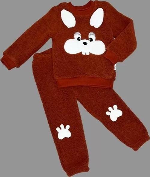 1-2-3 Yaş Kulaklı Tavşan Figürlü Kuzu Kumaş Sweat Pantolon Uzun Kollu Kız Erkek 2 Li Takımı Kahveren