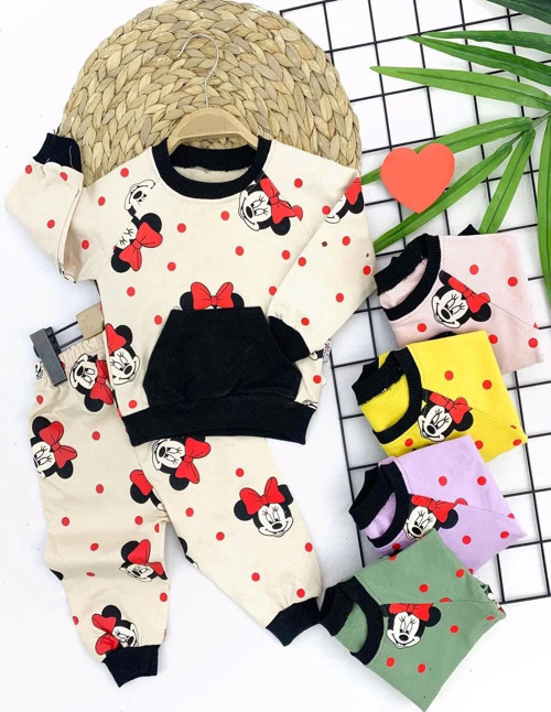 9-12-18-24 Ay Bayan Mickey Baskılı Cepli 2li Kız Bebek Takımı Lila