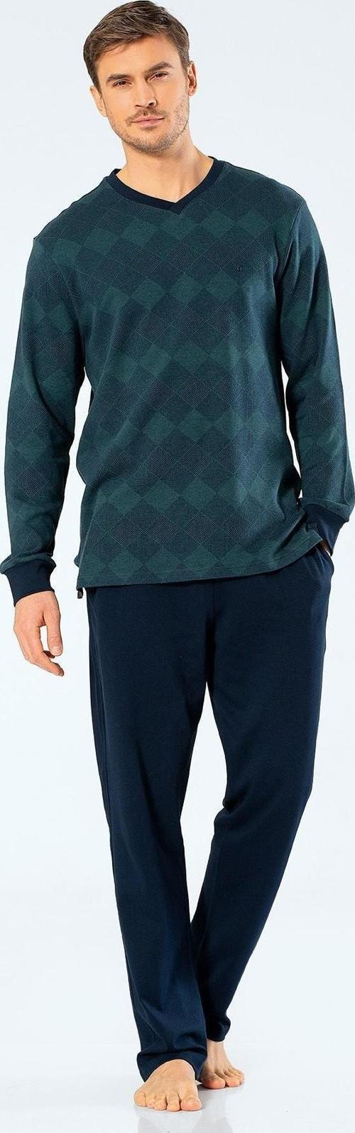 Erkek Jakarlı Baklavalı V Yaka Pijama Takım