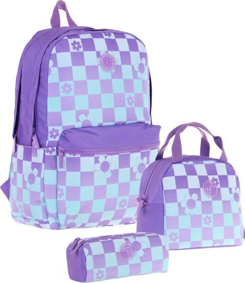 Nature Üçlü Kız Çocuk Okul Çanta Seti - Mor Mavi - Papatya ve Kare Desenli