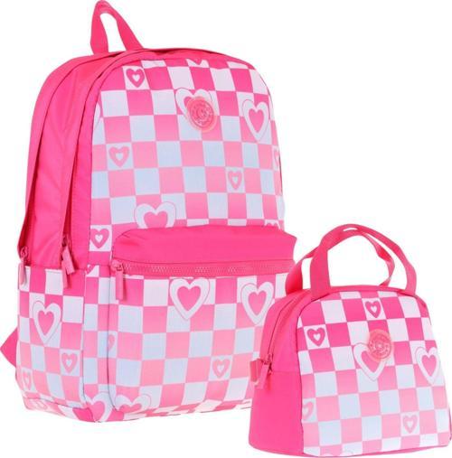 Nature Pembe Dama ve Kalp Desenli Okul Çantası ve Isı Yalıtımlı Beslenme Seti - Kız Çocuk