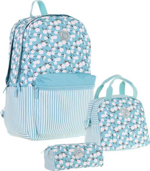 Soft Floral Üçlü Kız Çocuk Okul Çanta Seti - Turkuaz - Çiçek ve Çizgi Desenli