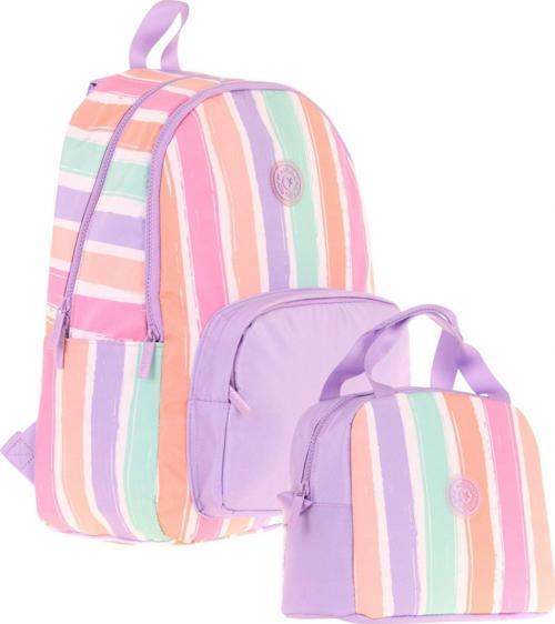 Rainbow Üç Bölmeli İlkokul Çantası ve Beslenme Çantası Seti - Mor Çok Renkli Çizgili