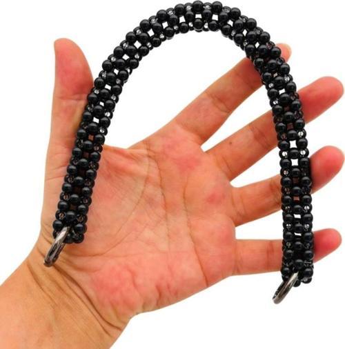 31 cm Siyah Boncuklu Kare Model Çanta Sapı Yaylı Halkalı