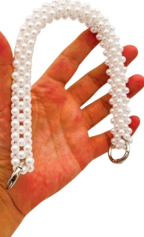 31 cm Beyaz Boncuklu Kare Model Çanta Sapı Yaylı Halkalı