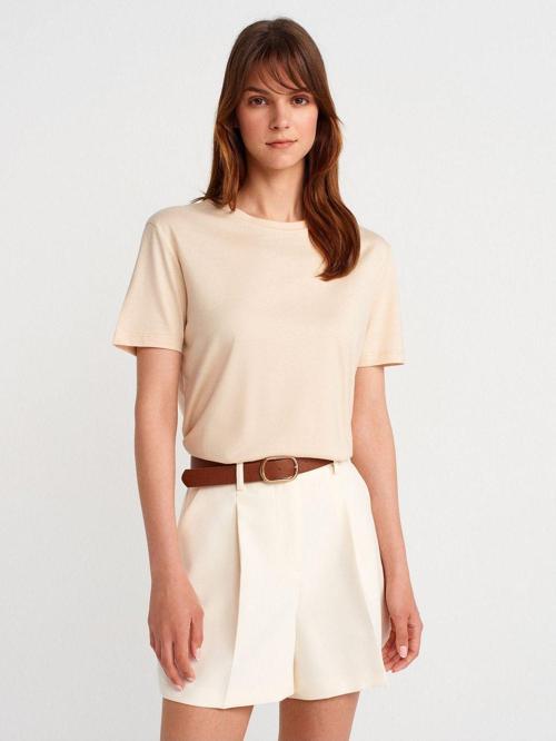 Kadın Basic Taş Rengi Bisiklet Yaka T-shirt - 31791