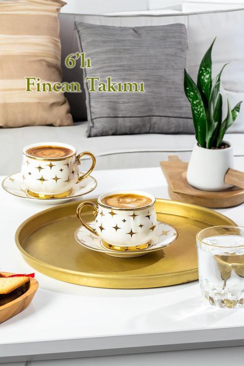 Zephyr Altın Yaldızlı 6 Kişilik Fincan Seti 12 Parça Türk Kahvesi Takımı Kahve Fincanı