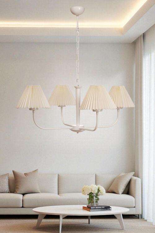 APOLLO 4 LÜ BEYAZ PİLELİ KREM ABAJURLU AVİZE