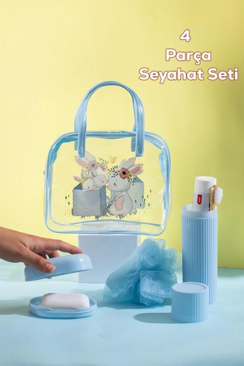 3144 Tavşan Figürlü Seyahat Seti - Diş Fırçası Kutusu Banyo Lifi Sabun Kutusu Seyahat Çantası Mavi