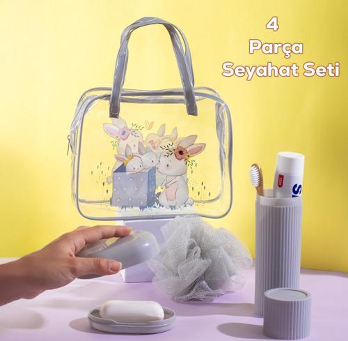 3145 Tavşan Figürlü Seyahat Seti - Diş Fırçası Kutusu Banyo Lifi Sabun Kutusu Seyahat Çantası Gri